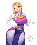  1girl artist_logo blonde_hair blue_eyes breasts commentary dress earrings elbow_gloves gloves hand_on_own_hip jewelry large_breasts little123blood logo long_hair one_eye_closed open_mouth pink_dress pointy_ears princess_zelda shirt sidelocks smile the_legend_of_zelda the_legend_of_zelda:_ocarina_of_time thick_thighs thighs triangle_earrings triforce triforce_print white_gloves wide_hips 
