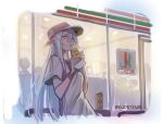  1girl aeria_(eudetenis) against_railing artist_name border can canned_coffee check_commentary clip_studio_paint_(medium) coffee commentary_request convenience_store crumbs display drink_can eating elf english_commentary eudetenis eyelashes fang food grey_hair hair_between_eyes hat highres holding holding_food holding_sandwich irregular_border long_hair long_pointy_ears long_sidelocks looking_at_viewer mixed-language_commentary open_mouth original pointy_ears railing red_eyes red_hat romaji_commentary sandwich scar scar_on_cheek scar_on_face shirt shop sidelocks solo steam steaming_food t-shirt very_long_hair very_long_sidelocks white_border white_shirt window 