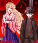  1boy 1girl alternate_costume archetype_earth arcueid_brunestud bite_mark bite_mark_on_neck black_hat black_jacket black_pants blonde_hair blood blood_on_face blue_hakama blush breasts broken_glass brown_hair coat colored_sclera commentary_request crack fang fate/grand_order fate_(series) fujimaru_ritsuka_(male) fujimaru_ritsuka_(male)_(walking_in_the_spring_breeze) gakuran glass gradient_background gudagudaman hair_between_eyes hakama hakama_skirt hat highres holding holding_umbrella jacket japanese_clothes kimono long_hair looking_at_another mystic_eyes_of_enchantment oil-paper_umbrella overcoat pale_skin pants peaked_cap red_arcueid red_background red_eyes red_sclera school_uniform short_hair skirt smile string string_of_fate umbrella vampire wide_sleeves wind wind_lift yandere yellow_eyes 