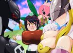  4girls :q alt_text angewomon artist_name black_bodysuit black_hair blonde_hair bodysuit boned_meat breasts brown_eyes cleavage commentary covered_eyes digimon digimon_(creature) digimon_story:_time_stranger dress drooling english_commentary food gloves goggles goggles_on_head green_hat hat helmet helmet_over_eyes holding holding_food hungry ladydevimon large_breasts leaf_wings licking_lips lilimon long_hair looking_at_another looking_at_food meat mouth_drool multiple_girls open_mouth pink_dress red_eyes short_hair sleeveless sleeveless_dress smile supermondobeat sweatdrop tongue tongue_out white_gloves wings yuuki_kanan 