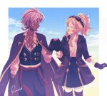  1boy 1girl albaz_(yu-gi-oh!) belt black_skirt blue_sky border cape closed_eyes closed_mouth coat commentary_request dark-skinned_female dark_skin duel_monster ecclesia_(yu-gi-oh!) gloves goggles goggles_on_head highres holding_hands ka_(haterun) light_smile looking_at_another open_mouth outside_border pants partially_unbuttoned ponytail red_belt shirt skirt sky sleeves_rolled_up smile vest waistcoat white_border white_shirt yu-gi-oh! 