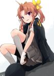  1girl ahoge bike_shorts bike_shorts_under_skirt brown_eyes brown_hair coat coat_on_shoulders collared_shirt commentary_request dress_shirt grey_skirt grey_socks grey_vest kagerou_(kancolle) kakizaki_(chou_neji) kantai_collection long_hair pleated_skirt school_uniform shirt skirt socks solo twintails vest white_shirt 