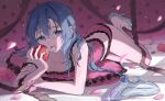  1girl apple bare_arms bitten_apple black_lace_trim blue_eyes blue_hair camisole commentary flower food food_bite fruit glass_slipper hair_between_eyes hatsune_miku high_heels highres holding holding_food holding_fruit lace-trimmed_camisole lace-trimmed_panties lace_trim long_hair looking_at_viewer lying on_stomach open_mouth panties petals pillow pink_camisole pink_flower pink_petals pink_pillow pink_rose polka_dot polka_dot_camisole polka_dot_panties potate romeo_to_cinderella_(vocaloid) rose see-through_clothes see-through_footwear sidelocks single_bare_foot solo spaghetti_strap strap_slip underwear very_long_hair vocaloid 