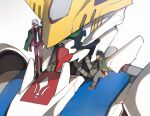  0mizu2658 2boys black_hair black_shirt formal_clothes gundam gundam_barbatos_lupus_rex gundam_tekketsu_no_orphans highres jacket mecha mikazuki_augus mobile_suit multiple_boys necktie open_clothes open_jacket orga_itsuka red_suit robot shirt spiked_hair suit suit_jacket tekkadan_(gundam) white_necktie white_shirt 