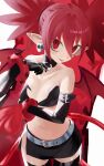  1girl absurdres bat_wings black_gloves blush choker commentary_request cowboy_shot demon_girl demon_tail demon_wings disgaea earrings elbow_gloves etna_(disgaea) flat_chest gloves highres jewelry looking_at_viewer mini_wings navel o-ring o-ring_choker pointy_ears red_eyes red_hair red_tail red_wings simple_background skirt skull_earrings smile solo tail takoyaking thighhighs twintails wings 