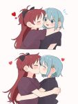  2girls arms_around_neck black_shirt blue_eyes blue_hair blush commentary flying_sweatdrops hair_ornament hairclip heart highres hug kiss komori_kamome long_hair mahou_shoujo_madoka_magica mahou_shoujo_madoka_magica_(anime) miki_sayaka multiple_girls ponytail purple_shirt red_hair sakura_kyoko shirt short_hair simple_background white_background yuri 