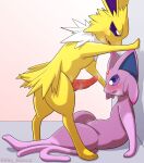  animal_genitalia animal_penis blush bodily_fluids canine_penis duo eeveelution espeon female feral genital_fluids genitals hi_res jolteon male male/female nintendo open_mouth penis pink_body pok&eacute;mon pok&eacute;mon_(species) precum riso_bianca video_games yellow_body 