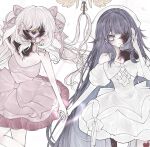  2girls alien_stage bell black_blood blood blood_on_face breasts colored_blood commentary cosplay dress elf elysia_(herrscher_of_human:_ego)_(honkai_impact) elysia_(honkai_impact) english_commentary fallenssariel headset holding_hands honkai_(series) honkai_impact_3rd long_hair medium_breasts mizi_(alien_stage) mizi_(alien_stage)_(cosplay) mizi_(zombie_stage) multiple_girls pink_dress pink_hair pointy_ears purple_eyes purple_hair raiden_mei sua_(alien_stage) sua_(alien_stage)_(cosplay) sua_(zombie_stage) twintails very_long_hair white_dress zombie_stage 