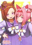  2girls animal_ears blush bow bowtie breasts brown_hair commentary_request creape ear_bow ear_covers flower-shaped_pupils flower_in_eye gold_hairband grin hairband haru_urara_(umamusume) headband horse_ears horse_girl horse_tail large_breasts long_hair long_sleeves looking_at_viewer medium_breasts multiple_girls open_mouth pink_eyes pink_hair pink_headband pleated_skirt ponytail purple_eyes purple_sailor_collar purple_serafuku purple_shirt purple_skirt red_headband sailor_collar sailor_shirt sakura_bakushin_o_(umamusume) school_uniform serafuku shirt skirt smile symbol-shaped_pupils symbol_in_eye tail teeth tracen_school_uniform umamusume white_bow white_bowtie 