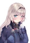 1girl an-94_(girls'_frontline) black_gloves black_hairband black_jacket blue_eyes blue_jacket blush breasts commentary girls'_frontline gloves grey_hair hair_between_eyes hairband highres jacket long_hair long_sleeves looking_at_viewer mask mask_pull mouth_mask parted_lips ryuudog simple_background solo upper_body white_background 