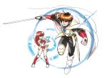  1990s_(style) 1boy 1girl android armor black_pants black_shirt boots breastplate brown_hair cape english_commentary faceless faceless_female full_body gem holding holding_sword holding_weapon lein_(phantasy_star) leotard long_hair magic_healing mieu_(phantasy_star) official_art ozaki_toyo pants pauldrons phantasy_star phantasy_star_iii red_boots red_gem red_hair red_leotard retro_artstyle scabbard sheath shirt shoulder_armor simple_background sword tassets vambraces weapon white_armor white_background white_boots white_cape 