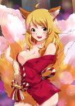  1girl :3 ahoge animal_ears blonde_hair breasts cleavage commentary_request cowboy_shot fox_ears fox_girl fox_tail green_eyes highres hoshii_miki idolmaster idolmaster_(classic) idolmaster_million_live! idolmaster_million_live!_theater_days izu_(mikirdgn) japanese_clothes kemonomimi_mode kimono kouhaku_nawa large_breasts long_hair looking_at_viewer multiple_tails open_mouth red_kimono rope shimenawa short_kimono solo standing tail 