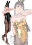  1girl absurdres adjusting_eyewear alternate_costume animal_ear_hairband animal_ears arm_behind_back black_hair black_pantyhose breasts detached_collar fake_animal_ears glasses gold_hairband gold_leotard gold_shoes green_eyes hairband hand_on_eyewear high_heels highres kantai_collection leotard long_hair looking_at_viewer ojipon ooyodo_(kancolle) pantyhose playboy_bunny rabbit_ear_hairband rabbit_ears see-through_strap shoes simple_background small_breasts thighband_pantyhose twitter_username watermark white_wrist_cuffs wrist_cuffs zoom_layer 