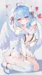  +_+ 1girl absurdres ahoge blue_hair breasts bug butterfly choker cleavage commentary_request crossed_bangs dress feathered_wings full_body fur_trim gloves hair_between_eyes hair_ornament hand_on_own_chest hand_on_own_thigh highres light_blush looking_at_viewer medium_hair off-shoulder_dress off_shoulder original parted_lips pink_eyes pom_pom_(clothes) pom_pom_hair_ornament red_butterfly red_ribbon ribbon shoes short_dress single_thighhigh sitting solo thighhighs wariza white_choker white_dress white_gloves white_shoes white_thighhighs white_wings wings youmeng33 