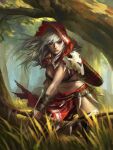  1girl animal_skull arm_warmers belt blue_eyes blurry boots bow_(weapon) bra breasts brown_belt brown_boots brown_bra cameltoe cleavage depth_of_field dongho_kang eyelashes fantasy feet_out_of_frame floating_hair forest fur-trimmed_arm_warmers fur_trim grass grey_hair hair_between_eyes holding holding_bow_(weapon) holding_weapon hood hood_up jewelry large_breasts lips long_hair looking_at_viewer nature navel necklace nose original outdoors panties panty_peek parted_lips pelvic_curtain quiver red_hood solo standing stomach teeth thigh_boots thighs third-party_source tooth_necklace tree underwear weapon 