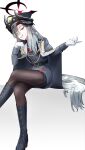 20bygsif3l3rdvr black_halo black_horns blue_archive breasts curved_horns demon_horns gloves gradient_halo gradient_horns grey_hair hair_over_one_eye halo hat highres horns long_hair makoto_(blue_archive) multicolored_halo multicolored_horns multiple_girls multiple_horns necktie pantyhose peaked_cap pointy_ears red_halo shirt 
