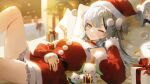  1girl bare_shoulders box breasts character_request choker christmas christmas_ornaments closed_mouth commission detached_sleeves dress gift gift_box grey_hair hand_on_own_stomach hand_up hat kkumang leg_up long_hair long_sleeves looking_at_viewer lying multicolored_hair on_back one_eye_closed orange_eyes original red_choker red_dress santa_costume santa_dress santa_hat short_dress small_breasts smile solo strapless strapless_dress streaked_hair thighs 
