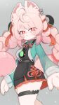  1girl absurdres ahoge animal_ear_fluff animal_ear_piercing animal_ears blush braid braided_twintails bright_pupils cowboy_shot from_side furry furry_female green_shirt grey_background hair_ornament highres long_hair looking_at_viewer onikuman parted_lips pink_fur pink_hair rabbit_ears rabbit_girl red_eyes screw shirt short_eyebrows simple_background solo sphere_hair_ornament striped_clothes thick_eyebrows twin_braids white_pupils zenless_zone_zero zhao_(zenless_zone_zero) 