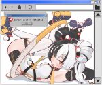  1girl absurdres arm_behind_head armpits black_hair braid braided_twintails cable chakram chinese_clothes commentary_request corded_phone cramped dialyn_(zenless_zone_zero) dress error_message hair_extensions hair_ornament hairclip highres holding holding_phone kesiutu long_hair looking_at_viewer lying multicolored_hair necktie on_back open_mouth panda_hair_ornament phone qipao ring_hair_extensions solo split-color_hair user_interface weapon white_hair yellow_necktie zenless_zone_zero 