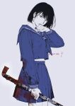  1girl absurdres bandaged_hand bandages black_hair black_sailor_collar black_serafuku black_skirt blood blood_on_clothes blood_on_leg blood_on_weapon cropped_legs english_text highres holding holding_lead_pipe lead_pipe midriff_peek naapatbx pleated_skirt sailor_collar school_uniform serafuku shimizu_hinako short_hair silent_hill_(series) silent_hill_f simple_background skirt solo weapon white_background wiping_mouth 