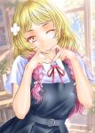  1girl absurdres blonde_hair braid braided_twintails commentary dress flower gradient_hair grey_dress hair_flower hair_ornament heart heart_hands highres long_hair love_live! love_live!_superstar!! minami_(vivace_re_373) multicolored_hair one_eye_closed onitsuka_natsumi pinafore_dress pink_eyes pink_hair pink_nails red_ribbon ribbon school_uniform shirt sleeveless sleeveless_dress solo twin_braids white_shirt yuigaoka_school_uniform 