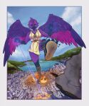  anthro avian bird breasts building clothed clothing crush destruction dress feet female footwear hair hi_res looking_at_viewer macro outside pink_hair purple_pawn rampage sandals sea solo water 