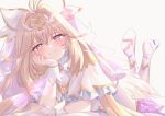 1girl absurdres antenna_hair blonde_hair blush capelet closed_mouth commentary cure_arcana dress english_commentary gradient_hair hair_between_eyes hair_intakes hand_on_own_cheek hand_on_own_face heart heart_hands highres long_hair looking_at_viewer lying meitantei_precure! moria_luluka multicolored_hair necktie on_stomach pink_eyes pink_hair precure reiei_8 sidelocks smile solo tiara two-tone_hair white_capelet white_dress white_necktie 