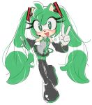  1girl :d animal_ears bare_shoulders black_boots black_skirt blush boots breasts commentary detached_sleeves full_body furrification furry furry_female gloves green_eyes green_hair green_necktie grey_shirt hair_between_eyes hatsune_miku headset hedgehog_girl highres kiniro_ringo long_hair looking_at_viewer necktie open_mouth shirt simple_background skirt sleeveless sleeveless_shirt small_breasts smile solo sonic_(series) standing standing_on_one_leg tachi-e twintails untranslatable_commentary v very_long_hair vocaloid white_background white_gloves 