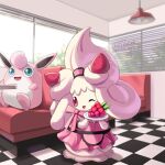  :d ;d alcremie alcremie_(strawberry_sweet) alcremie_(vanilla_cream) apron aqua_eyes artist_name berry_(pokemon) booth_seating bow checkered_floor clothed_pokemon commentary_request dated diner dress emi_kitori english_commentary food fruit hanging_light holding holding_plate mixed-language_commentary no_humans one_eye_closed open_mouth pink_apron pink_bow pink_dress plate pokemon pokemon_(creature) pokemon_focus razz_berry red_eyes smile table wigglytuff window window_blinds 