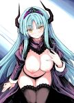  1girl aqua_eyes arm_at_side black_horns black_panties black_thighhighs blush breasts cape closed_mouth commentary_request feet_out_of_frame hand_up highres horns kumakou lace-trimmed_panties lace-trimmed_thighhighs lace_trim large_breasts leaning_forward long_hair looking_ahead navel nipples panties parted_bangs purple_cape purple_shrug sennen_sensou_aigis shrug_(clothing) smile solo standing straight_hair thighhighs tiara underwear very_long_hair wilahelm_(sennen_sensou_aigis) yellow_eyes 
