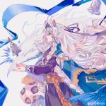  1girl absurdres animal_ear_fluff animal_ears arknights blue_cloak blue_shawl braid braided_sidelocks chinese_commentary cloak commentary_request cowboy_shot dress floating_hair from_side grey_eyes hair_between_eyes highres jewelry long_hair long_sleeves pramanix_(arknights) pramanix_the_prerita_(arknights) ribbon shawl sidelocks simple_background snow_leopard_ears snow_leopard_girl snow_leopard_tail solo standing tail tiara tibetan_clothes twin_braids very_long_hair watermark weibo_watermark white_background white_hair yueqing_frey 
