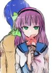  1boy 1girl absurdres angel_beats! angel_beats!_track_zero back-to-back black_hairband blue_hair blue_sailor_collar blunt_bangs bow closed_mouth commentary_request green_bow green_eyes hair_bow hairband hand_up highres hinata_hideki holding holding_pinwheel jacket light_smile long_sleeves looking_at_viewer medium_hair nakamura_yuri neckerchief pink_neckerchief pinwheel purple_hair sailor_collar school_uniform serafuku shinda_sekai_sensen_uniform short_hair simple_background sketch split_mouth straight_hair tsurime upper_body white_background yellow_jacket zuzuhashi 
