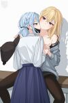  2girls absurdres bang_dream! bang_dream!_it's_mygo!!!!! between_legs black_bra black_hat black_mask black_pantyhose blonde_hair blue_hair blue_skirt bra chinese_commentary commentary_request fffteam grey_hoodie hat highres holding holding_hands holding_unworn_clothes holding_unworn_hat hood hoodie interlocked_fingers licking licking_another's_neck long_hair mask mask_pull misumi_uika multiple_girls pantyhose purple_eyes shadow shirt simple_background skirt strap_slip sweatdrop togawa_sakiko tongue tongue_out underwear unworn_hat unworn_headwear white_background white_shirt yuri 
