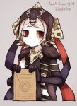  1girl black_gloves butter_run circle closed_mouth commentary_request cross cross_print eye_print gloves grey_background hat highres holding holding_paper magical_girl mahou_shoujo_ikusei_keikaku mahou_shoujo_ikusei_keikaku_breakdown nephilia_(mahoiku) paper red_eyes smile triangle white_hair 