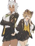  2girls :< :d ;d animal_ear_fluff animal_ears arm_at_side arm_ribbon black_jacket black_skirt blazer blonde_hair breasts buttons cleavage clenched_hand collared_shirt commentary_request cowboy_shot crossed_arms dark-skinned_female dark_skin diagonal-striped_clothes diagonal-striped_necktie double-breasted fang fingernails genderswap genderswap_(mtf) gold_trim green_shirt hair_between_eyes hair_slicked_back hand_up highres hyena_ears hyena_girl jack_howl jacket jewelry large_breasts layered_shirt legs_apart legs_together looking_at_viewer loose_necktie medium_hair miniskirt mullet multicolored_hair multiple_girls narrowed_eyes necklace necktie night_raven_college_school_uniform one_eye_closed partially_unbuttoned pleated_skirt ribbon roots_(hair) ruggie_bucchi school_uniform shirt shirt_tucked_in short_eyebrows short_hair sideways_glance simple_background skin_fang skirt sleeve_cuffs small_breasts smile striped_clothes striped_necktie tail tofu_(bean359) tooth_necklace twisted_wonderland two-sided_fabric two-sided_jacket v-shaped_eyebrows very_short_hair vest waistcoat white_background white_hair white_shirt wolf_ears wolf_girl wolf_tail yellow_eyes yellow_ribbon yellow_vest 