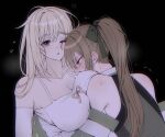  1boy 1girl :o black_background blonde_hair blush bow bow_camisole breast_press breasts brown_eyes brown_hair camisole cleavage commentary detached_sleeves green_shirt grey_bow hair_bow hetero highres large_breasts long_hair one_eye_closed one_one_11 original parted_lips ponytail shirt shoulder_blades simple_background sleeveless sleeveless_shirt spaghetti_strap straight_hair sweat trap upper_body white_camisole 