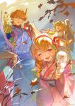  1boy 2girls alternate_costume blonde_hair braid commentary_request family flower food granblue_fantasy hair_flower hair_ornament hand_on_own_hip highres horns japanese_clothes jherion_stroud kimono kine leaf long_hair mallet maminas_stroud minamint_stroud mochi mother_and_child mother_and_daughter mother_and_son multiple_girls official_alternate_costume one_eye_closed open_mouth parent_and_child red_eyes single_horn smile twin_braids 
