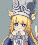  +_+ 1girl absurdres animal_ears animalization blonde_hair blue_jacket blush cat cat_ears cat_tail commentary grey_background grey_hat hands_up hat highres j_humbo jacket looking_at_viewer norma_hollowell open_mouth purple_eyes simple_background smile solo tail untranslatable_commentary zenless_zone_zero 