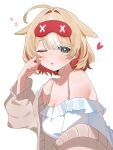  1girl :o ;o absurdres ahoge animal_ears blonde_hair blue_eyes breasts brown_cardigan cardigan cleavage commentary dress extra_ears frilled_dress frills goat_ears goat_girl hair_intakes hand_up heart highres hololive looking_at_viewer mask mask_on_head medium_breasts multicolored_hair off-shoulder_dress off_shoulder one_eye_closed red_streaks short_hair shusuchii simple_background sleep_mask solo spaghetti_strap streaked_hair suzuna_tsuzuri untranslatable_commentary upper_body virtual_youtuber white_background white_dress 