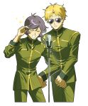  2boys antenna_hair blonde_hair char_aznable closed_eyes commentary_request cowboy_shot cropped_legs garma_zabi green_jacket green_pants gundam high_collar highres jacket kamonekm long_sleeves male_focus microphone microphone_stand military_uniform mobile_suit_gundam mobile_suit_gundam_the_origin multiple_boys open_mouth pants playing_with_own_hair purple_hair science_fiction short_hair simple_background sparkle sunglasses white_background zeon 