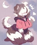  1girl :3 animal_collar animal_ears animal_hands bone_hair_ornament bottomless breasts brown_hair collar curvy dog_ears dog_girl dog_tail furry hair_ornament hair_over_eyes heart highres hood hoodie jacket kneeling large_breasts moon multicolored_hair original pink_hoodie short-sleeved_jacket short_hair short_sleeves sillydogjoe solo tail tail_wagging thick_thighs thighs white_hair 