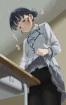  1girl absurdres aki_(yunkana) basori_tiara black_hair black_pantyhose blazer blunt_bangs blush bow bow_panties classroom closed_mouth clothes_lift collared_shirt commentary_request commission crotch_rub desk female_masturbation from_below grey_bow grey_jacket grey_skirt hair_bun highres holding_own_skirt indoors jacket lifting_own_clothes looking_down make_heroine_ga_oo_sugiru! masturbation miniskirt mole mole_on_neck panties panties_under_pantyhose pantyhose partial_commentary pleated_skirt purple_eyes school_desk school_uniform shirt shirttail single_hair_bun skeb_commission skirt skirt_lift solo sound_effects sweat sweatdrop table_humping thighband_pantyhose translated underwear white_shirt 