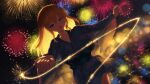  1girl blonde_hair blue_eyes blurry blush bokeh boku_wa_tomodachi_ga_sukunai breasts cait_aron commentary_request depth_of_field dutch_angle fireworks hair_between_eyes highres holding holding_fireworks japanese_clothes kashiwazaki_sena kimono large_breasts light_trail looking_at_viewer medium_hair nail_polish night outdoors senkou_hanabi smile solo sparkler tile_floor tiles wet wide_sleeves wind wind_lift yukata 