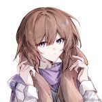  1girl animal_ears brown_hair closed_mouth collared_shirt droopy_ears expressionless genshin_impact grey_eyes hair_over_shoulder hands_up hibioes highres holding_ears kemonomimi_mode long_hair long_sleeves looking_at_viewer portrait purple_scarf rabbit_ears sandrone_(genshin_impact) scarf shirt simple_background solo twitter_username white_background white_shirt 
