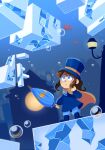  1girl :o a_hat_in_time air_bubble blue_background blue_eyes blue_umbrella boots bright_blush brown_hair bubble cape child closed_umbrella commentary cookie english_commentary food hand_up hat hat_kid hat_ribbon highres holding holding_umbrella jacket lamppost long_hair long_sleeves looking_ahead oversized_food oversized_object pants parted_lips ponytail purple_boots purple_hat purple_jacket ribbon sidelocks solo standing star_(symbol) top_hat umbrella white_pants wide_shot yellow_cape yellow_ribbon zipper_pull_tab 