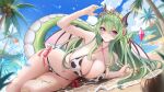  1girl absurdres alternate_breast_size_(larger) alternate_costume animal_print arm_up beach bikini bow bow_bikini breasts closed_mouth cloud coconut coconut_cup coconut_tree commentary cow_print cow_print_bikini criss-cross_halter criss-cross_straps dot_nose double-parted_bangs dragon_girl dragon_tail dragon_wings drinking_straw english_commentary fingernails flower fruit_as_cup full_body gem glitch_stars green_hair green_nails green_tail hair_between_eyes hair_flower hair_ornament halterneck highres horns huge_breasts long_hair lying nail_polish on_side outdoors palm_tree pink_eyes pink_flower print_bikini red_gem sand second-party_source sky solo stimpak_(glitch_stars) swimsuit tail tiara tree velmillix virtual_youtuber water wings 