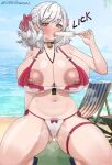  action_camera bell bikini blush bow breasts cameltoe choker commission dark_areolae english_commentary female_pubic_hair food girls'_frontline girls'_frontline_2:_exilium grey_hair hair_bow highres huge_breasts ice_cream kneeling large_areolae licking_food looking_at_viewer navel neck_bell nipples pubic_hair pubic_hair_peek red_eyes sabrina_(girls'_frontline_2) sabrina_(strawberry_zabaione)_(girls'_frontline_2) sexually_suggestive short_hair spas-12_(girls'_frontline) swimsuit ultranimal video_camera 