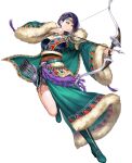  1girl arrow_(projectile) belt black_shorts boots bow_(weapon) breasts cleavage closed_mouth dress fighting_stance fire_emblem fire_emblem:_three_houses fire_emblem_heroes full_body fur-trimmed_dress fur-trimmed_sleeves fur_trim green_belt green_boots green_dress headband highres holding holding_bow_(weapon) holding_weapon jewelry large_breasts leg_up official_alternate_costume official_art purple_eyes purple_hair quiver sash shamir_nevrand short_hair shorts solo tassel transparent_background waist_sash weapon wide_sleeves yamada_koutarou yellow_trim 