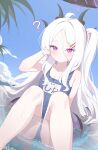  1girl :o ? absurdres ahoge black_halo black_horns blue_archive breasts commentary demon_girl demon_horns demon_wings english_commentary hair_between_eyes halo highres hina_(blue_archive) hina_(swimsuit)_(blue_archive) horns long_hair long_hair_between_eyes looking_at_viewer low_wings multiple_horns old_school_swimsuit outdoors parted_bangs partially_submerged purple_eyes purple_halo purple_wings reflection reflective_liquid reikku school_swimsuit side_ponytail sitting small_breasts solo spread_legs swimsuit thighs very_long_hair white_hair wings 