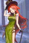  1girl ainy alternate_costume animal_ears ascot black_ascot black_bow black_gloves black_hat blue_eyes bow braid breasts cane chinese_clothes collared_shirt commentary_request dress frilled_ascot frills gloves green_dress hair_bow hat hat_ornament highres holding holding_cane hong_meiling kemonomimi_mode long_hair looking_at_viewer medium_breasts qipao rabbit_ears rabbit_girl red_hair shirt side_slit skindentation solo star_(symbol) star_hat_ornament thighs top_hat touhou twin_braids very_long_hair watermark white_shirt 
